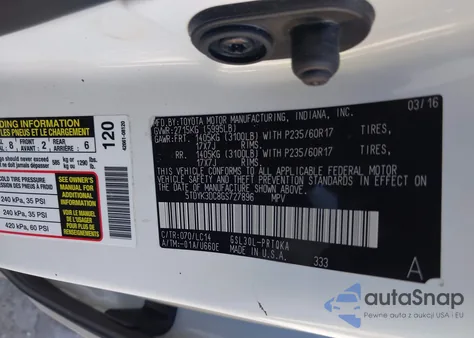 2016 Toyota Sienna Xle 8 Passenger z USA, uszkodzony, nr VIN 5TDYK3DC8GS727896